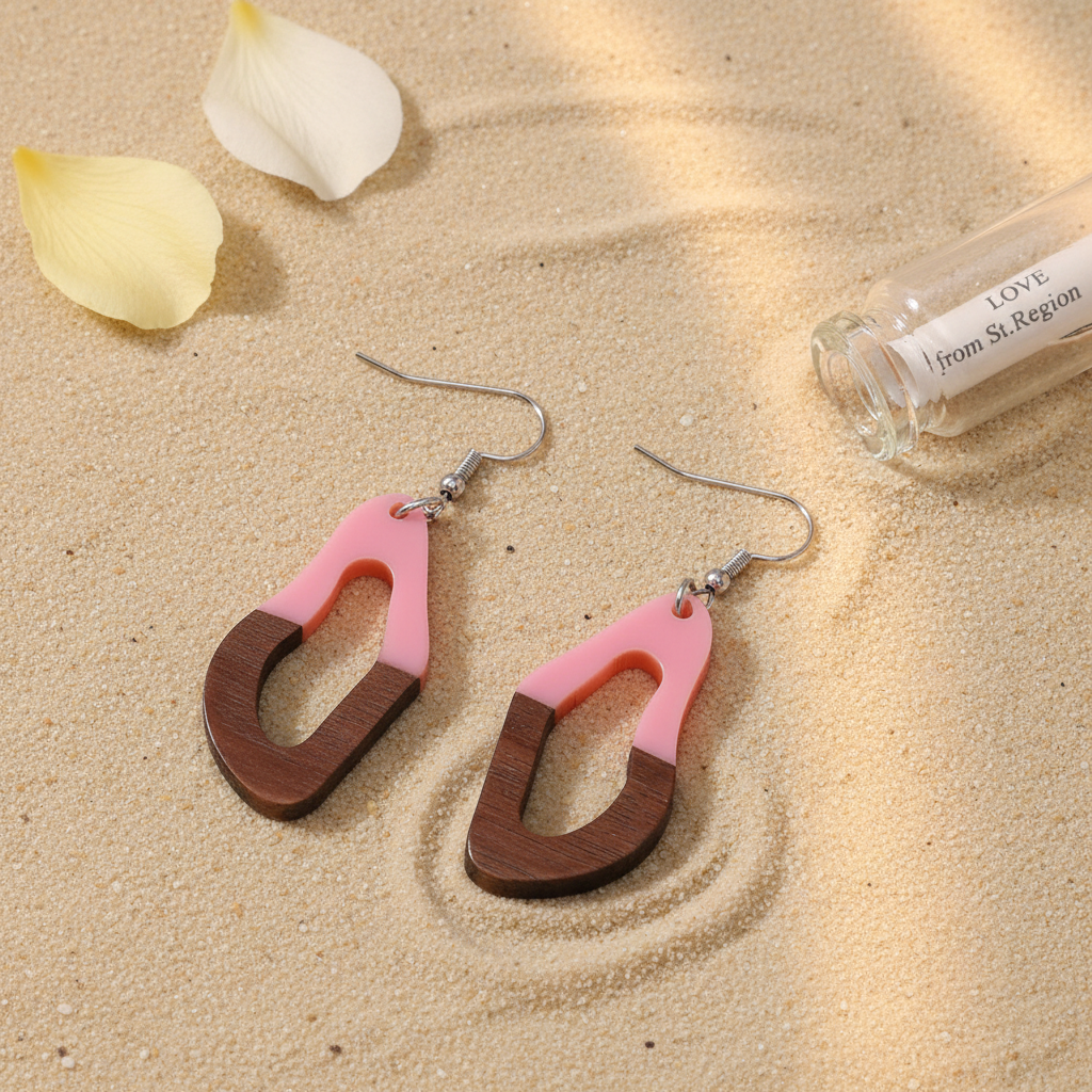 Pink Resin & Wood Silvertone Irregular Teardrop Hook Earrings