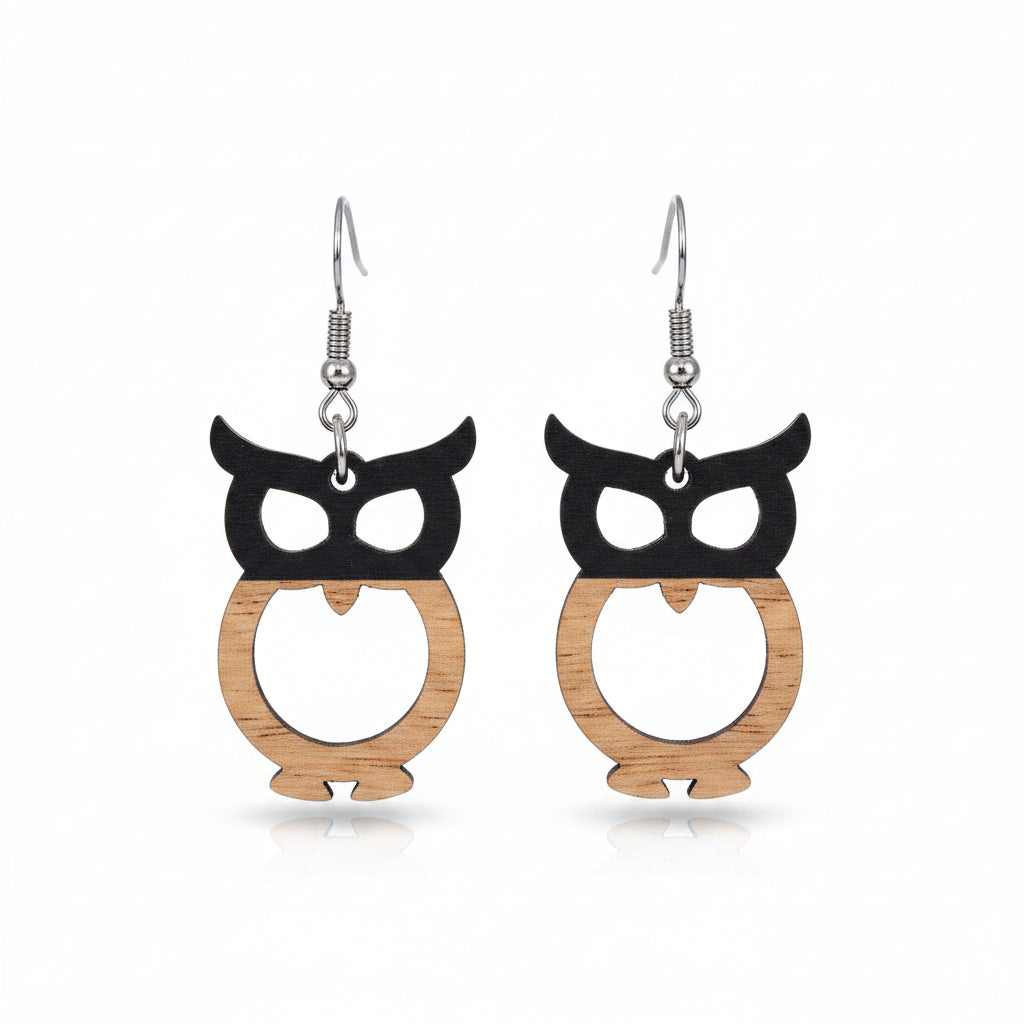 Black Resin & Wood Silvertone Owl Hook Earrings