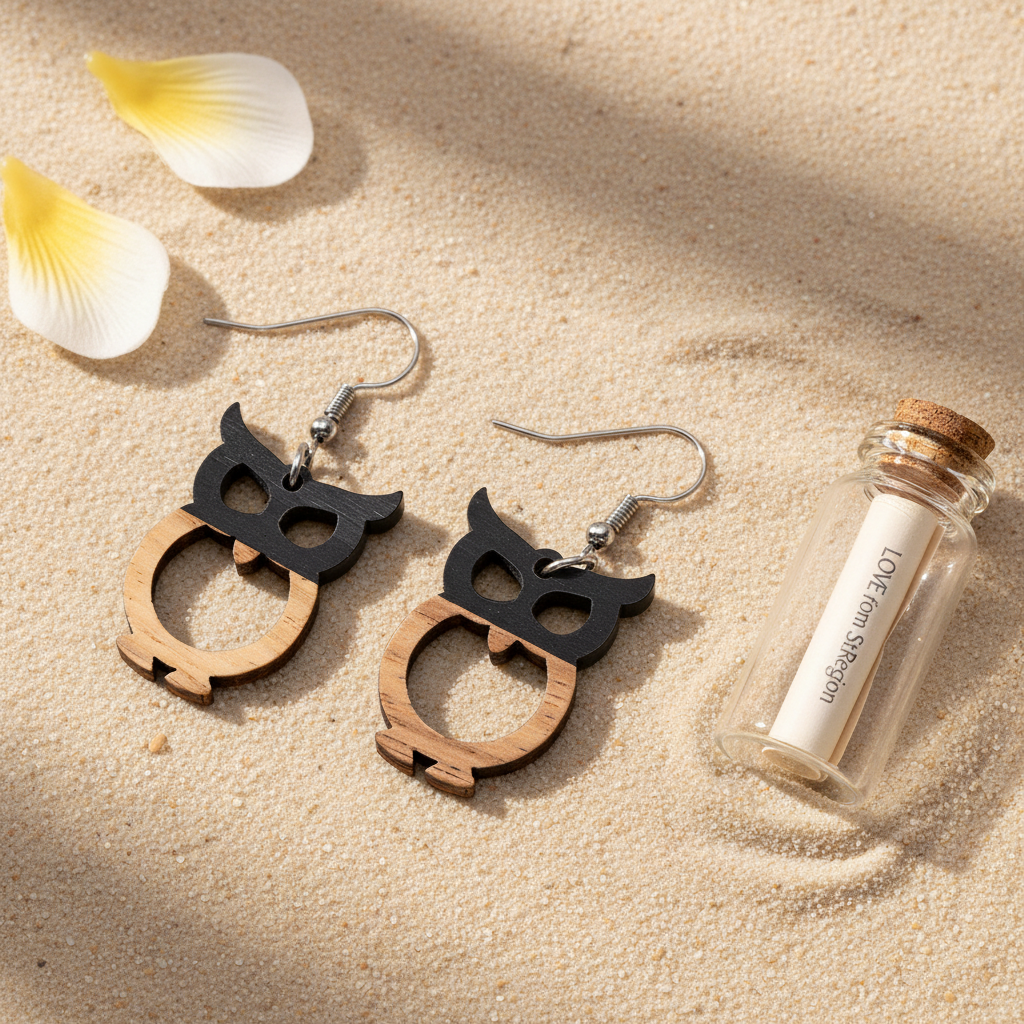 Black Resin & Wood Silvertone Owl Hook Earrings