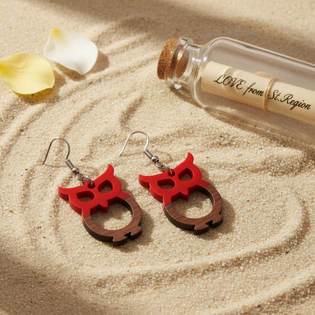 Red Resin & Wood Silvertone Owl Hook Earrings
