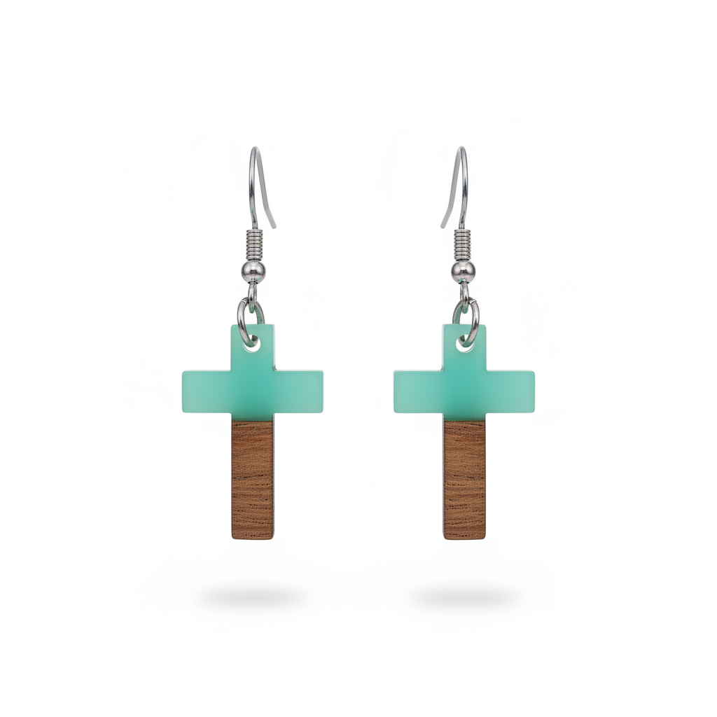 Green Resin & Wood Silvertone Cross Hook Earrings