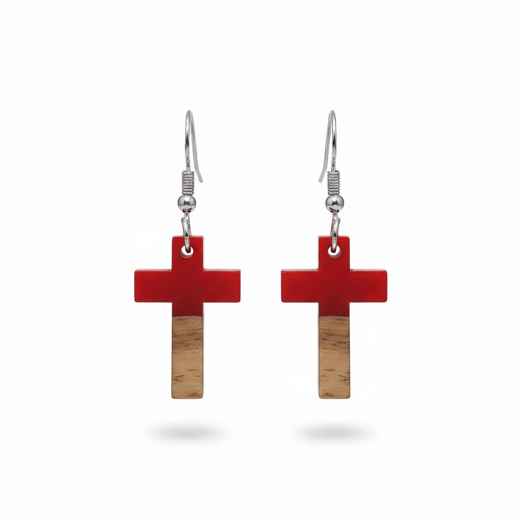 Red Resin & Wood Silvertone Cross Hook Earrings