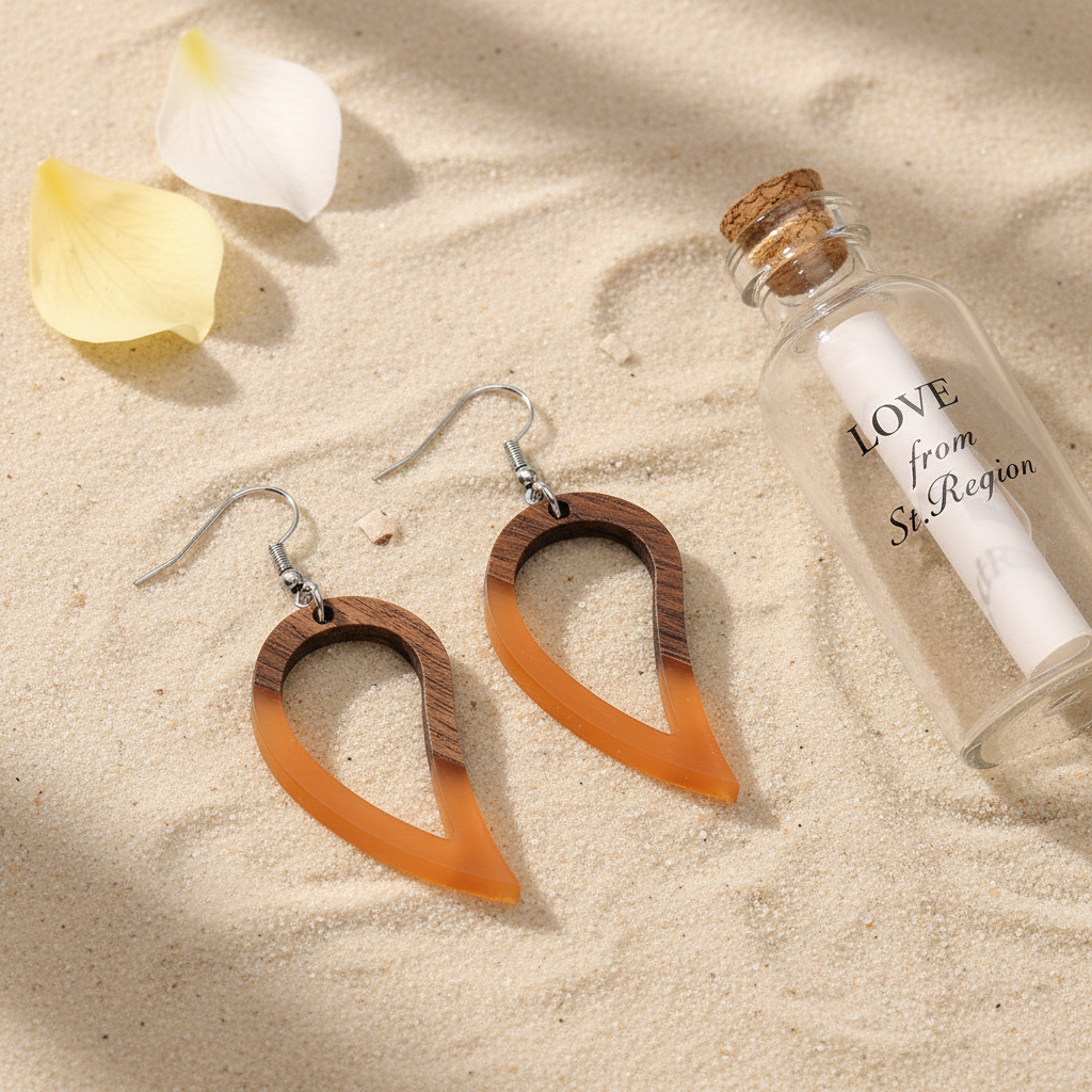 Orange Resin & Wood Silvertone Upside-Down Drop Hook Earrings