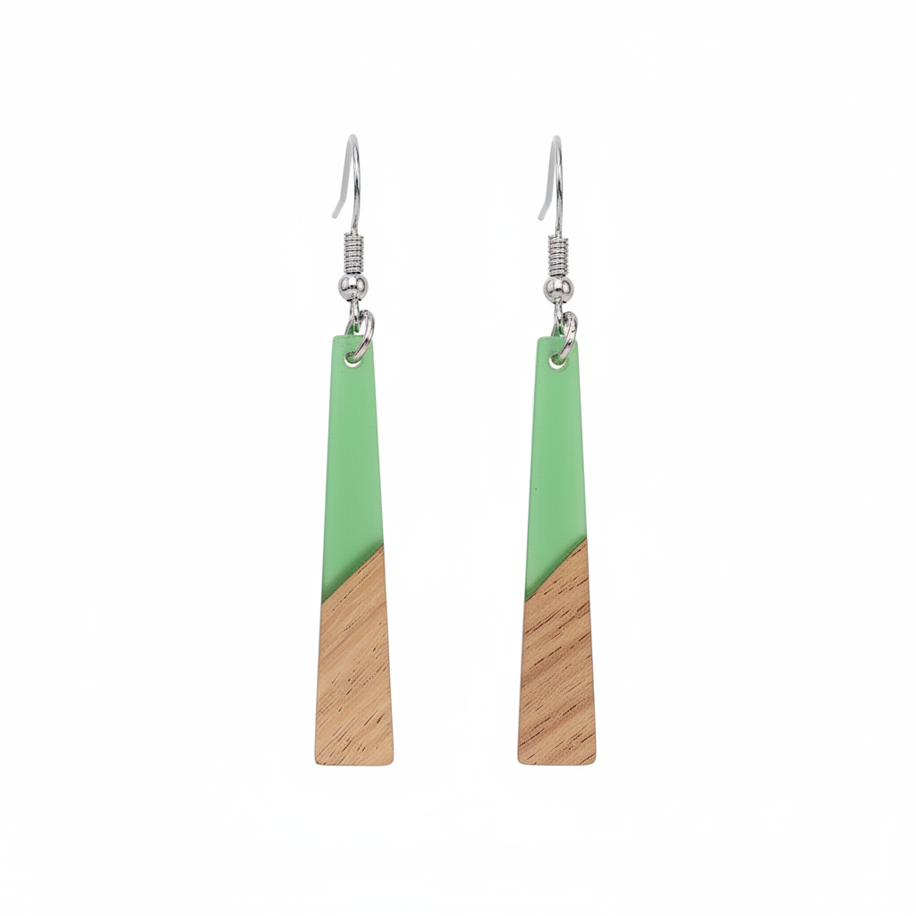 Green Resin & Wood Silvertone Elongated Trapezoid Hook Earrings