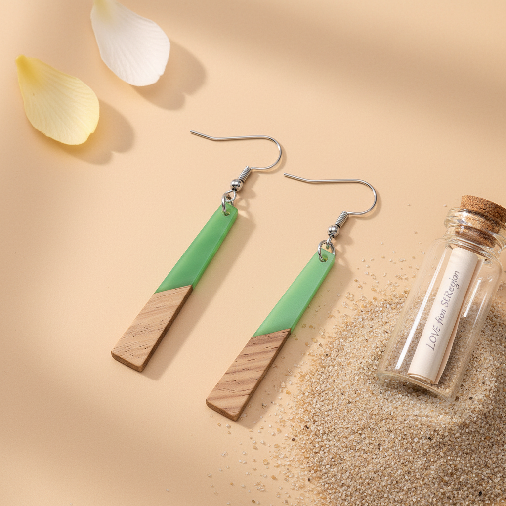 Green Resin & Wood Silvertone Elongated Trapezoid Hook Earrings