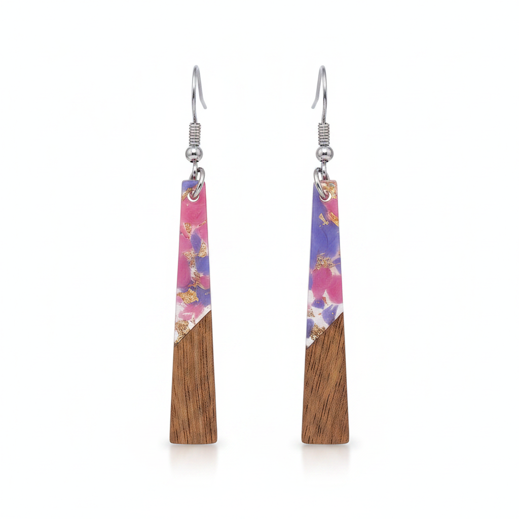 Purple Resin & Wood Silvertone Elongated Trapezoid Hook Earrings