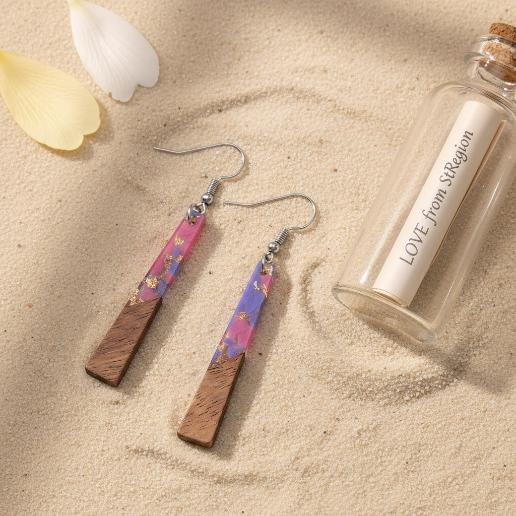 Purple Resin & Wood Silvertone Elongated Trapezoid Hook Earrings
