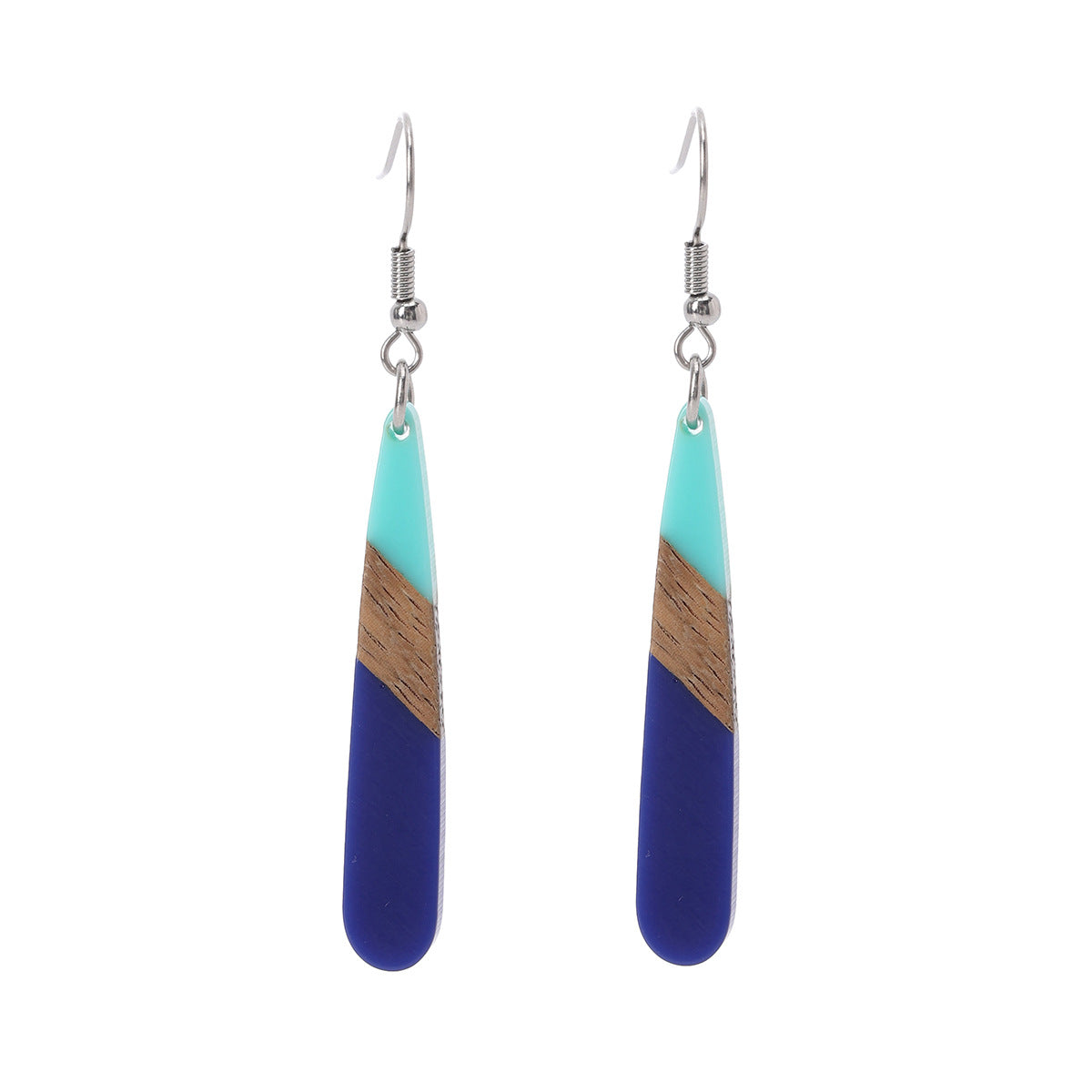 Mint Green & Navy Blue Resin Wood Silvertone Teardrop Hook Earrings