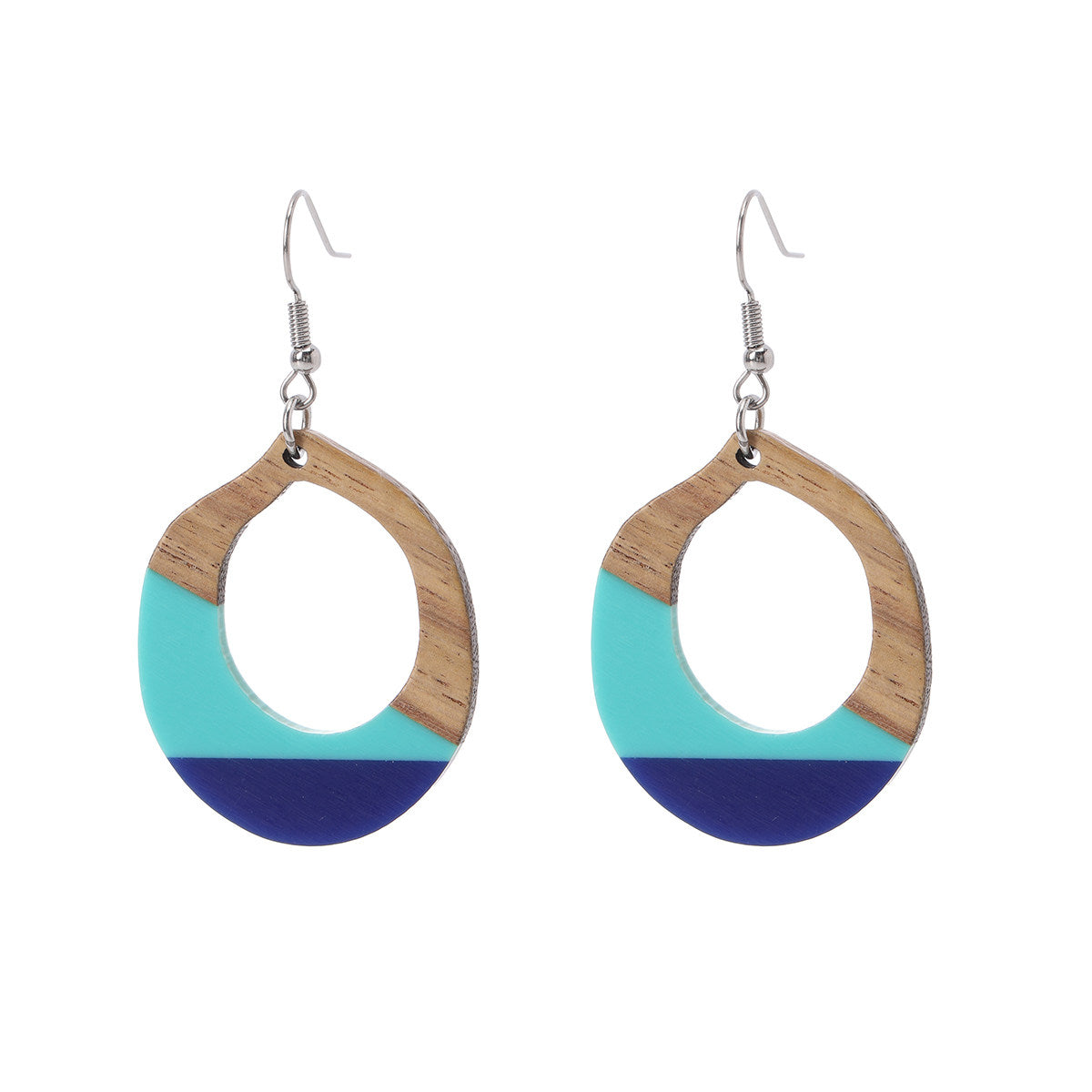 Aqua Resin & Wood Silvertone Open Teardrop Hook Earrings