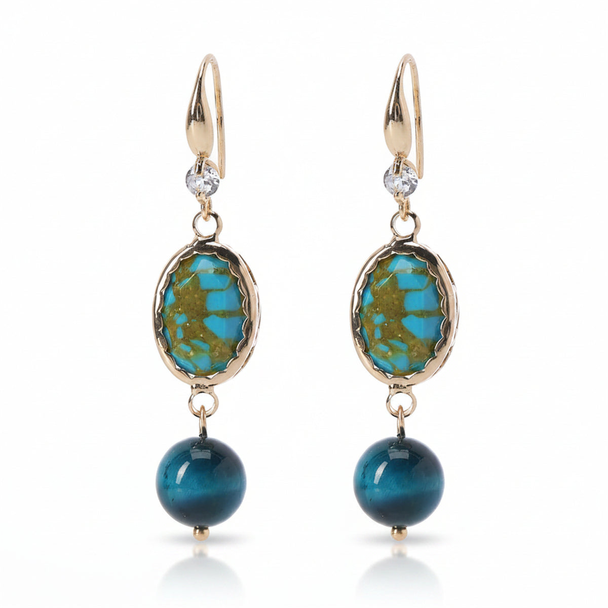 Peacock-Blue Jade & Turqouise Cubic Zirconia Goldtone Oval Round Hook Earrings