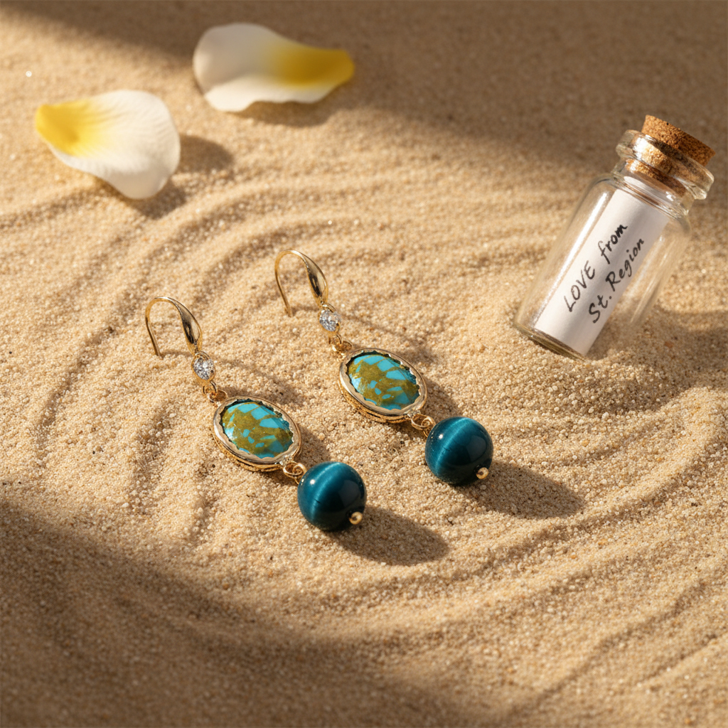 Peacock-Blue Jade & Turqouise Cubic Zirconia Goldtone Oval Round Hook Earrings