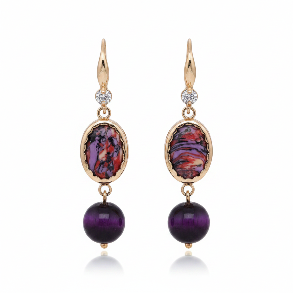 Royal Purple Jade & Turqouise Cubic Zirconia Goldtone Oval Round Hook Earrings