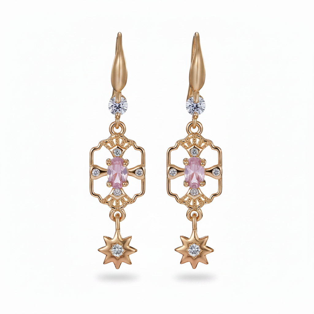 Pink Crystal & Cubic Zirconia Goldtone Scalloped Edge Starburst Hook Earrings