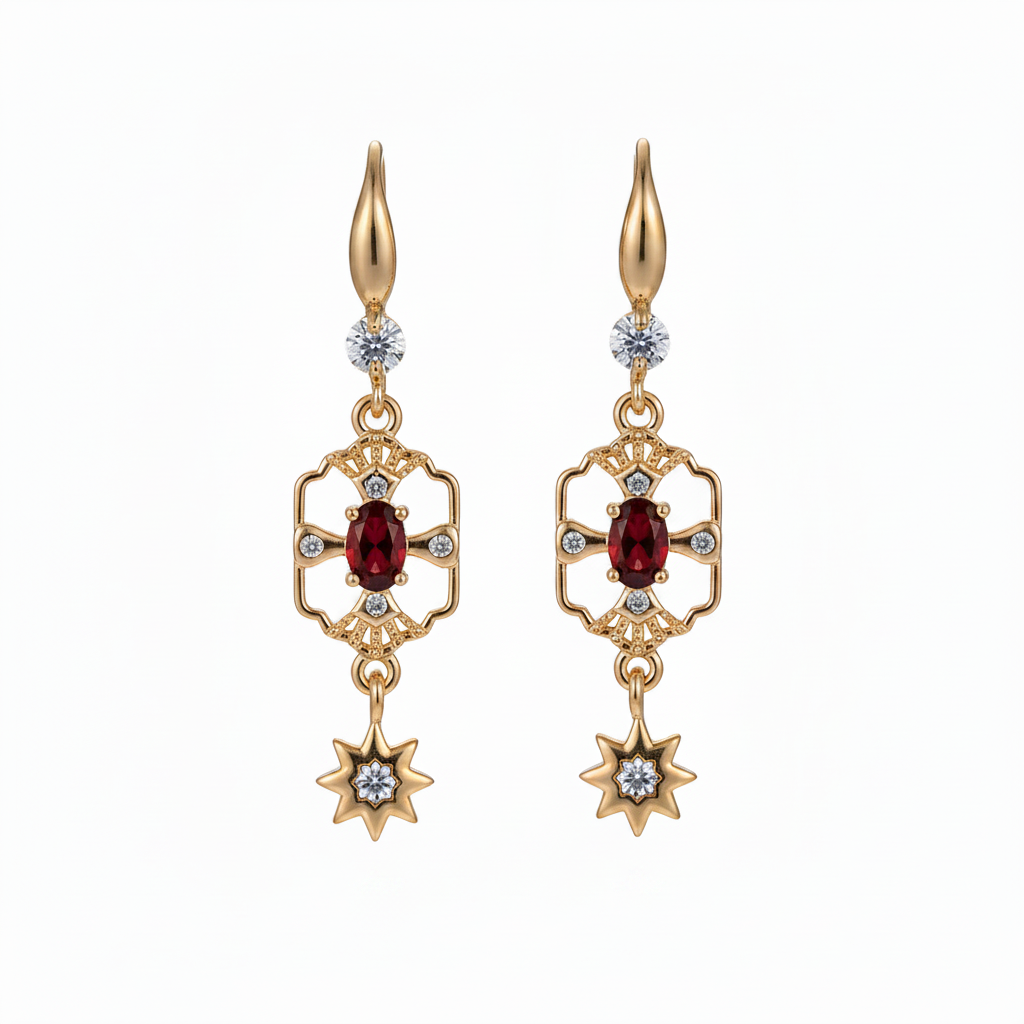 Red Crystal & Cubic Zirconia Goldtone Scalloped Edge Starburst Hook Earrings