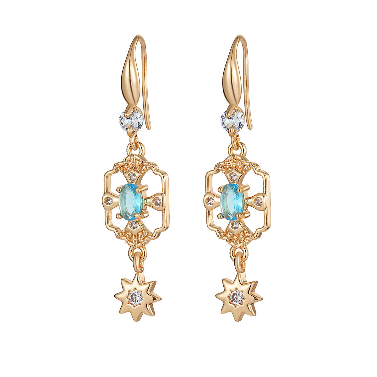 Sea Blue Crystal & Cubic Zirconia Goldtone Scalloped Edge Starburst Hook Earrings