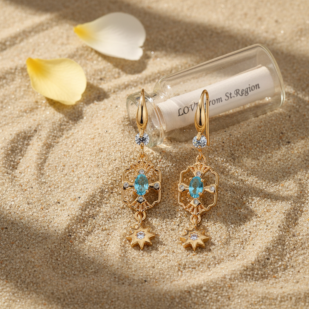 Sea Blue Crystal & Cubic Zirconia Goldtone Scalloped Edge Starburst Hook Earrings