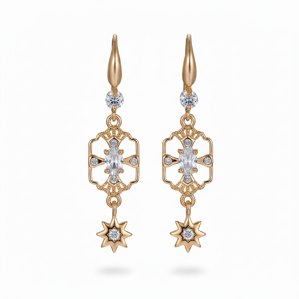 White Crystal & Cubic Zirconia Goldtone Scalloped Edge Starburst Hook Earrings