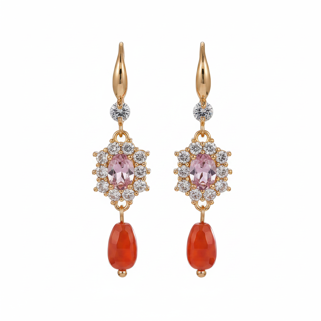 Pink Crystal & Resin Cubic Zirconia Goldtone Oval Flower Drop Earrings