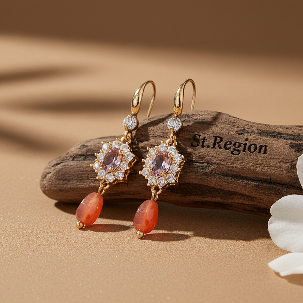Pink Crystal & Resin Cubic Zirconia Goldtone Oval Flower Drop Earrings
