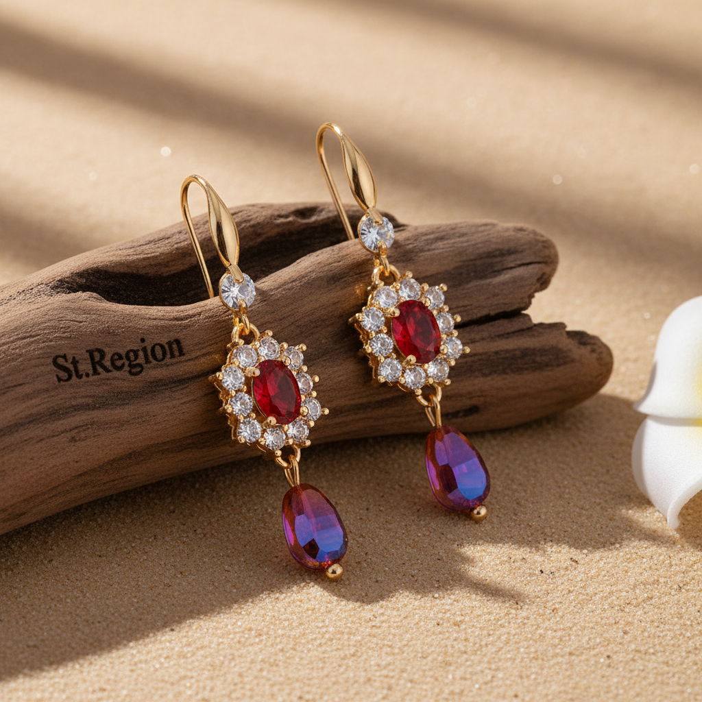 Red Crystal & Resin Cubic Zirconia Goldtone Oval Flower Drop Earrings