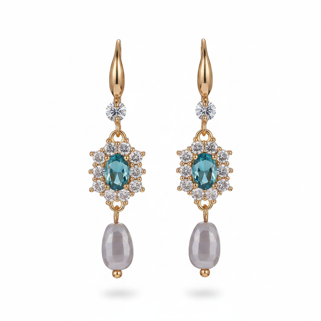 Sea Blue Crystal & Resin Cubic Zirconia Goldtone Oval Flower Drop Earrings