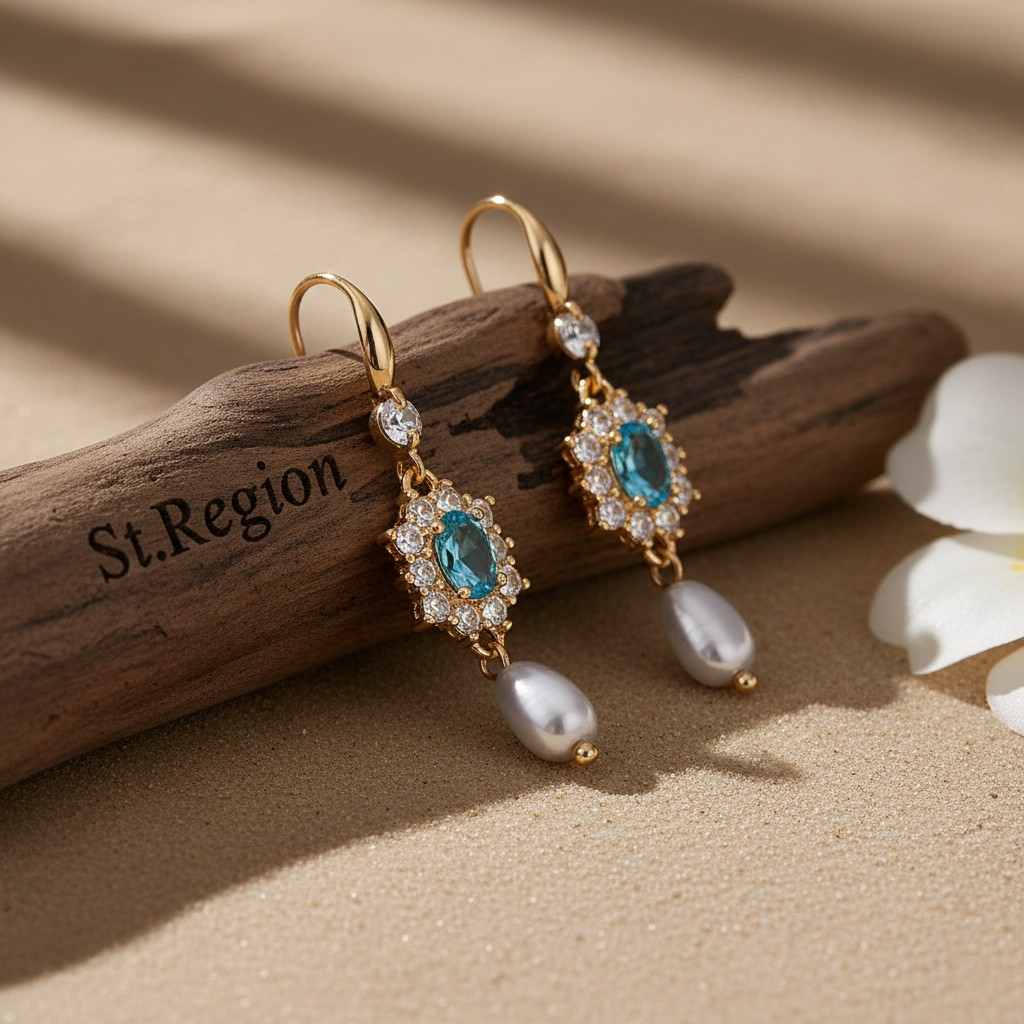 Sea Blue Crystal & Resin Cubic Zirconia Goldtone Oval Flower Drop Earrings
