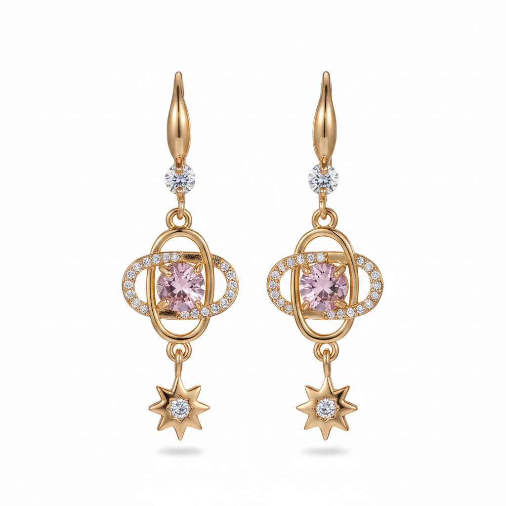 Pink Crystal & Cubic Zirconia Goldtone Planet Starburst Hook Earrings