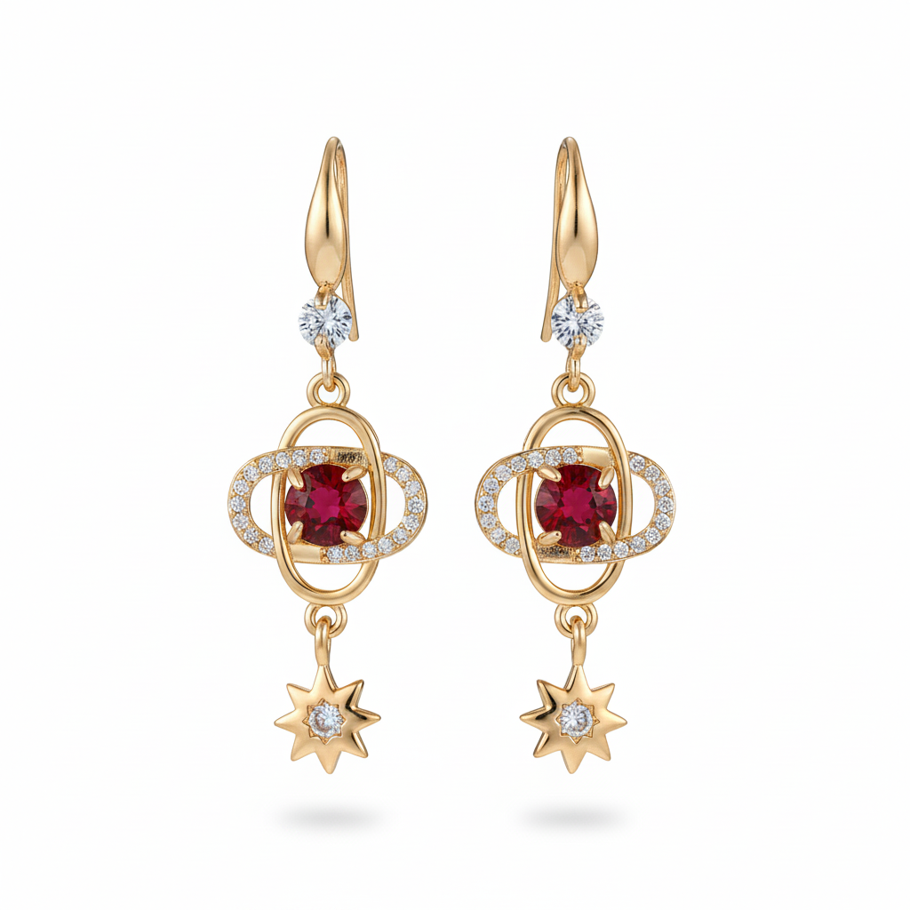 Red Crystal & Cubic Zirconia Goldtone Planet Starburst Hook Earrings
