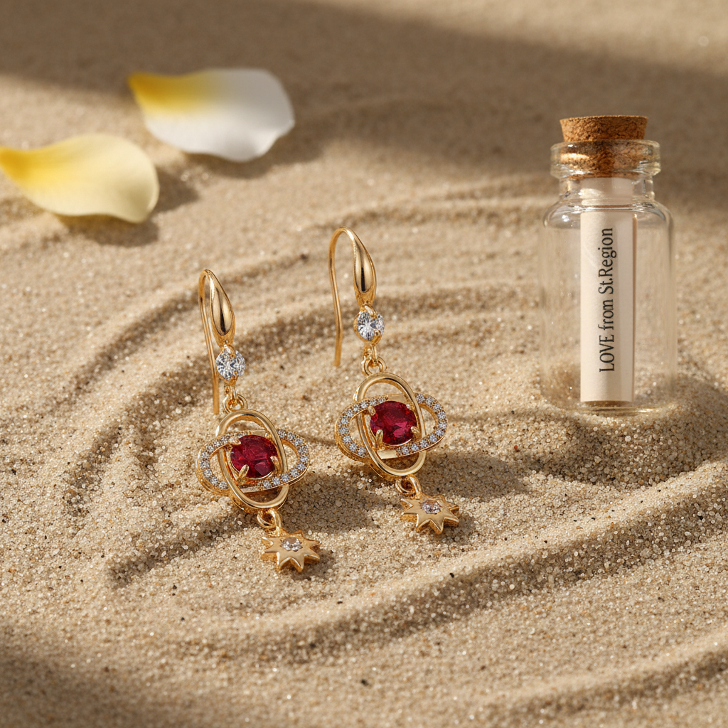Red Crystal & Cubic Zirconia Goldtone Planet Starburst Hook Earrings