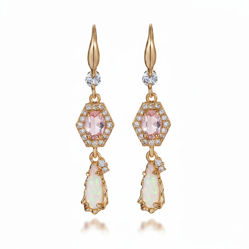 Pink Crystal & Jade Cubic Zirconia Goldtone Hexagon Drop Earrings