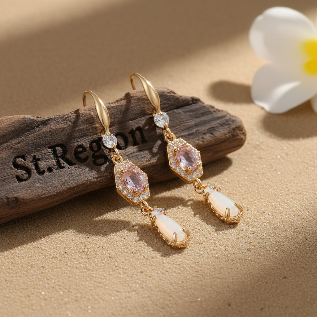 Pink Crystal & Jade Cubic Zirconia Goldtone Hexagon Drop Earrings