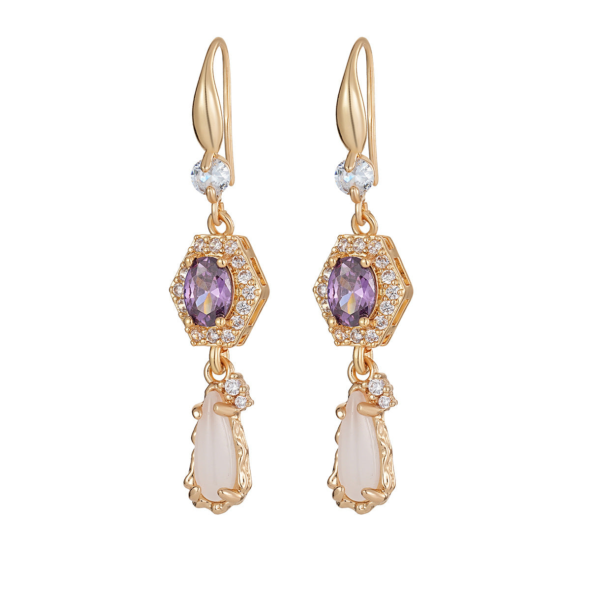 Purple Crystal & Jade Cubic Zirconia Goldtone Hexagon Drop Earrings