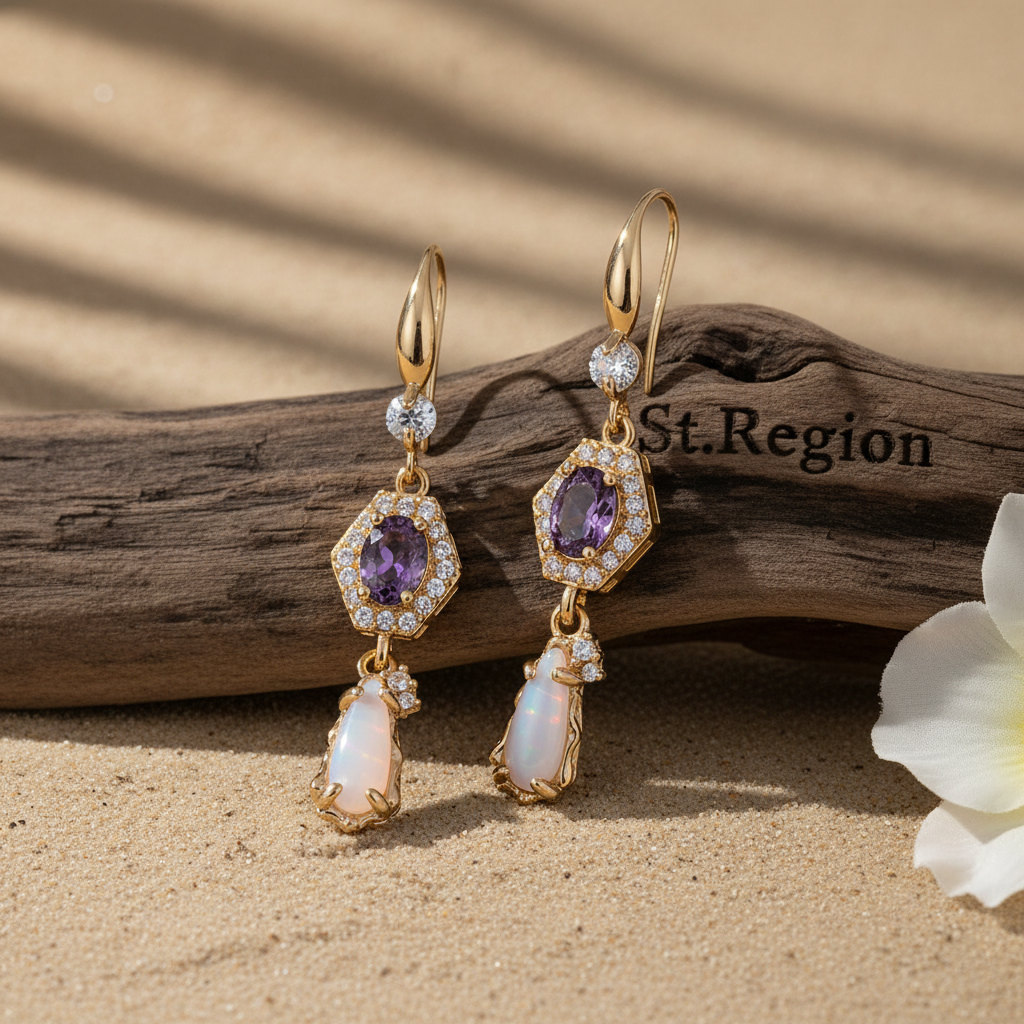 Purple Crystal & Jade Cubic Zirconia Goldtone Hexagon Drop Earrings