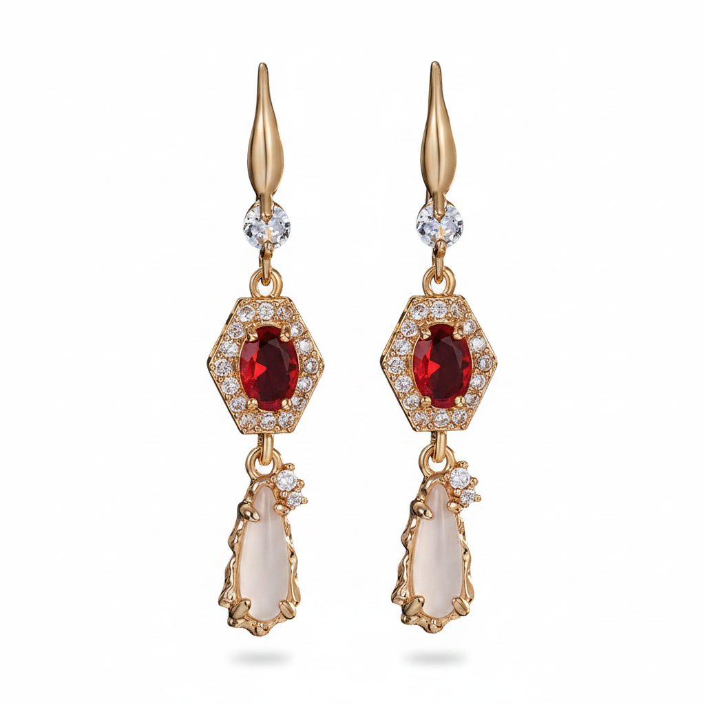 Red Crystal & Jade Cubic Zirconia Goldtone Hexagon Drop Earrings