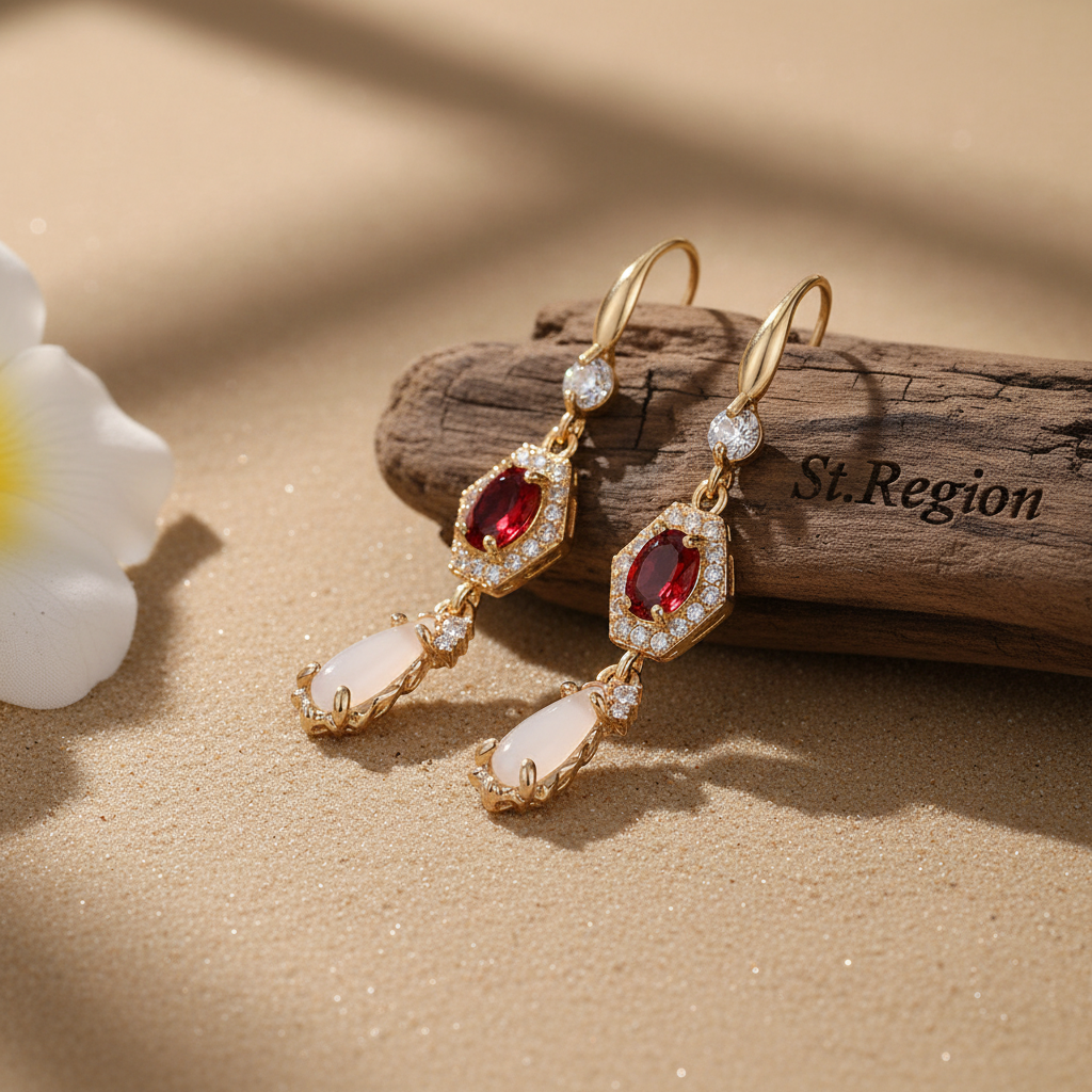 Red Crystal & Jade Cubic Zirconia Goldtone Hexagon Drop Earrings