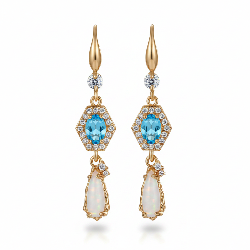 Sea Blue Crystal & Jade Cubic Zirconia Goldtone Hexagon Drop Earrings