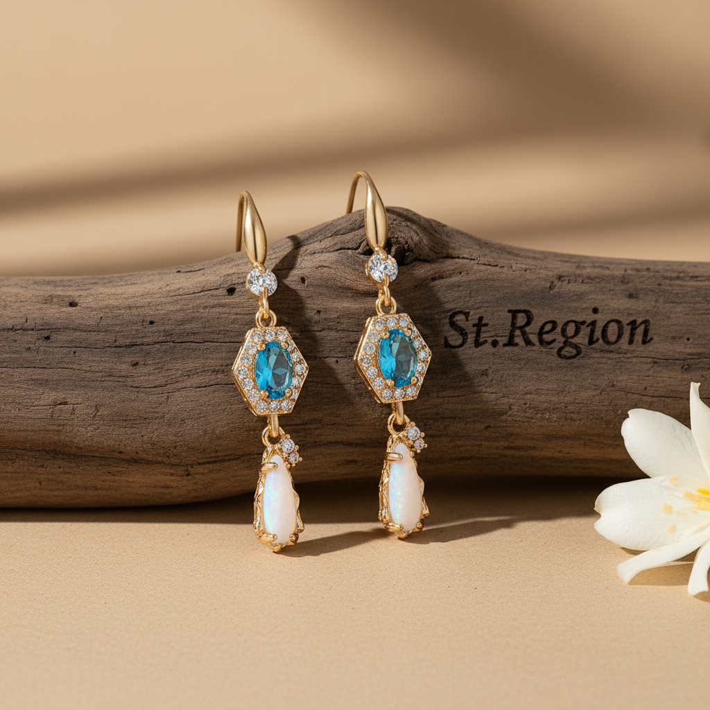 Sea Blue Crystal & Jade Cubic Zirconia Goldtone Hexagon Drop Earrings