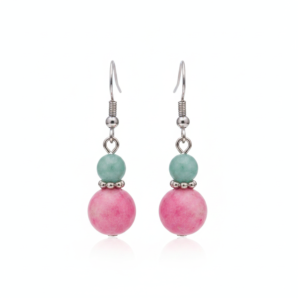 Pink Jade & Silvertone ‌Gourd‌-Shape Hook Earrings