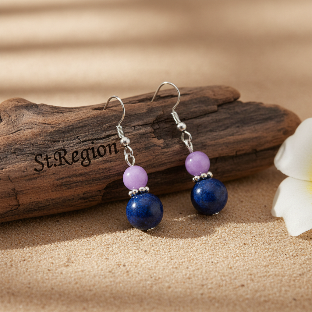 Purple & Cyan Jade Silvertone ‌Gourd‌-Shape Hook Earrings