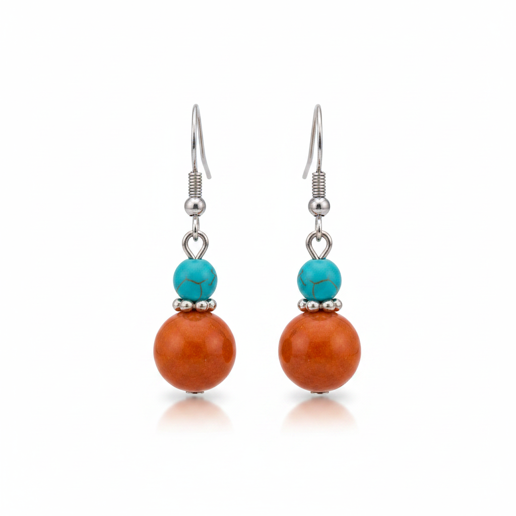 Brown Jade & Turqouise Silvertone ‌Gourd‌-Shape Hook Earrings