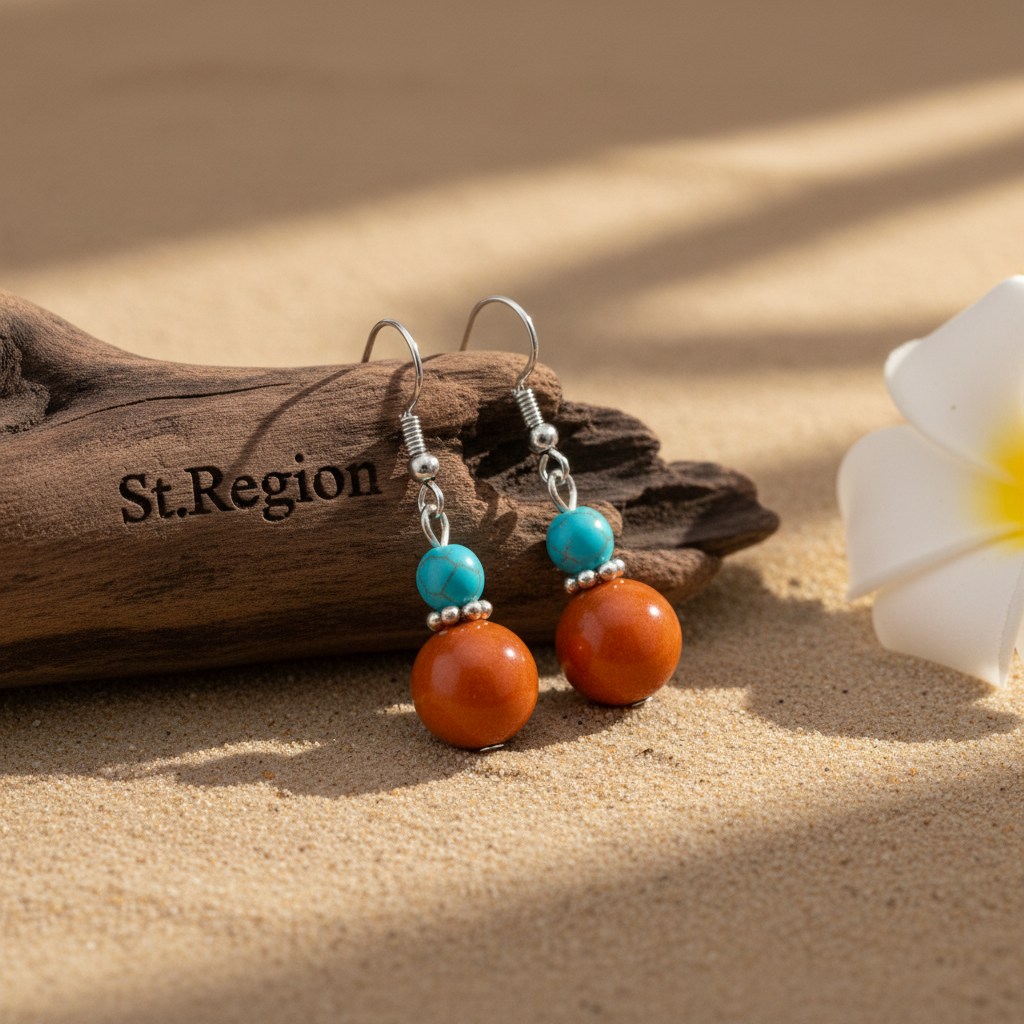 Brown Jade & Turqouise Silvertone ‌Gourd‌-Shape Hook Earrings