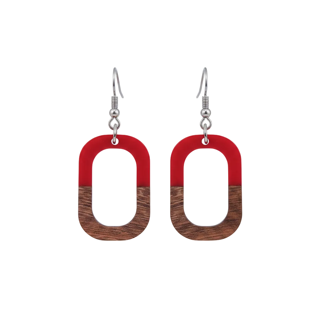 Red Resin & Wood Silvertone Open Rectangle Hook Earrings