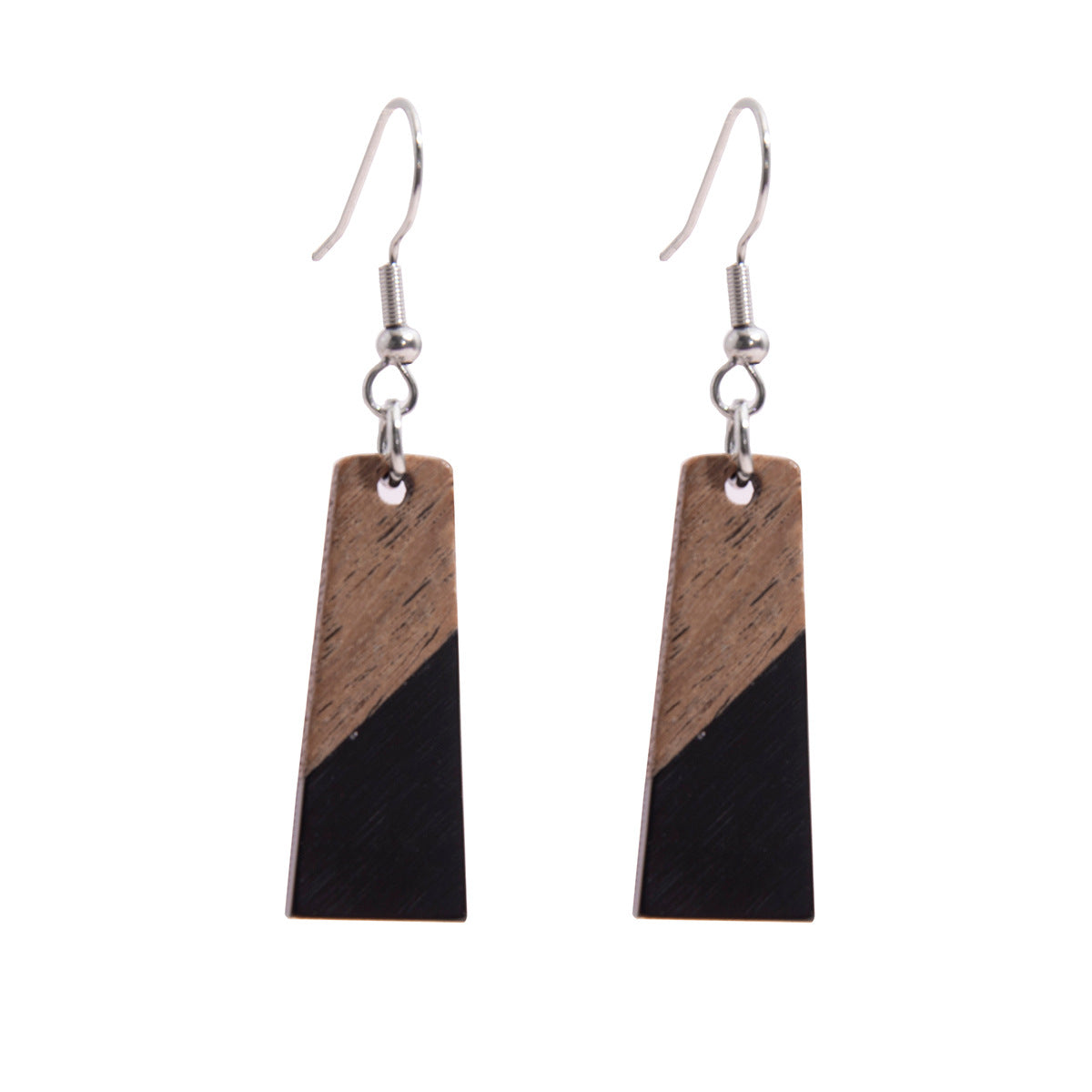 Black Resin & Wood Silvertone Patchwork Trapezoid‌ Hook Earrings