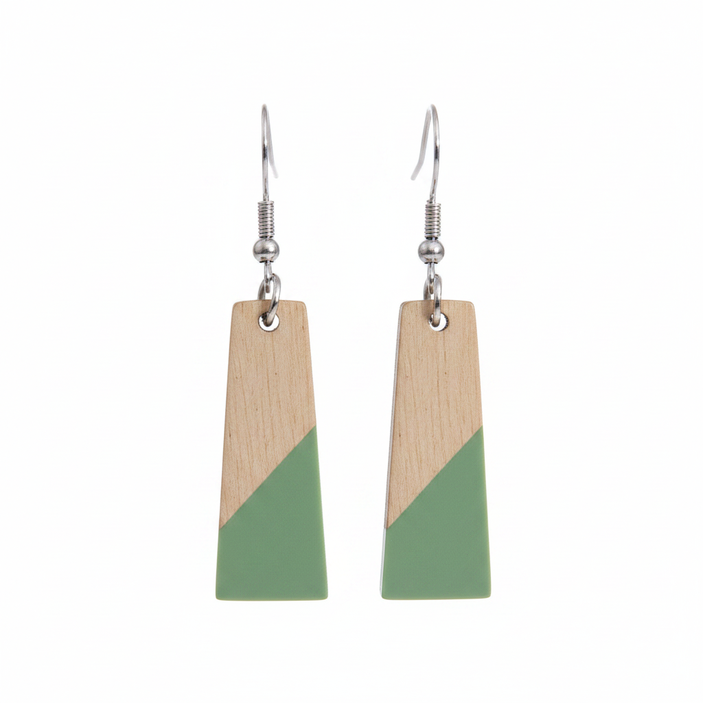 Green Resin & Wood Silvertone Patchwork Trapezoid‌ Hook Earrings