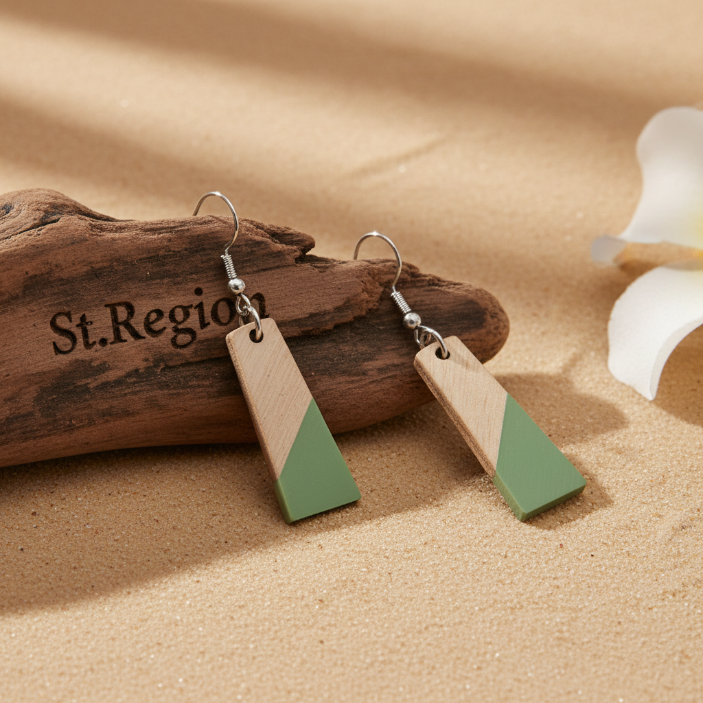 Green Resin & Wood Silvertone Patchwork Trapezoid‌ Hook Earrings