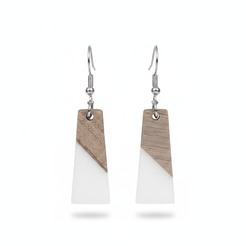 White Resin & Wood Silvertone Patchwork Trapezoid‌ Hook Earrings