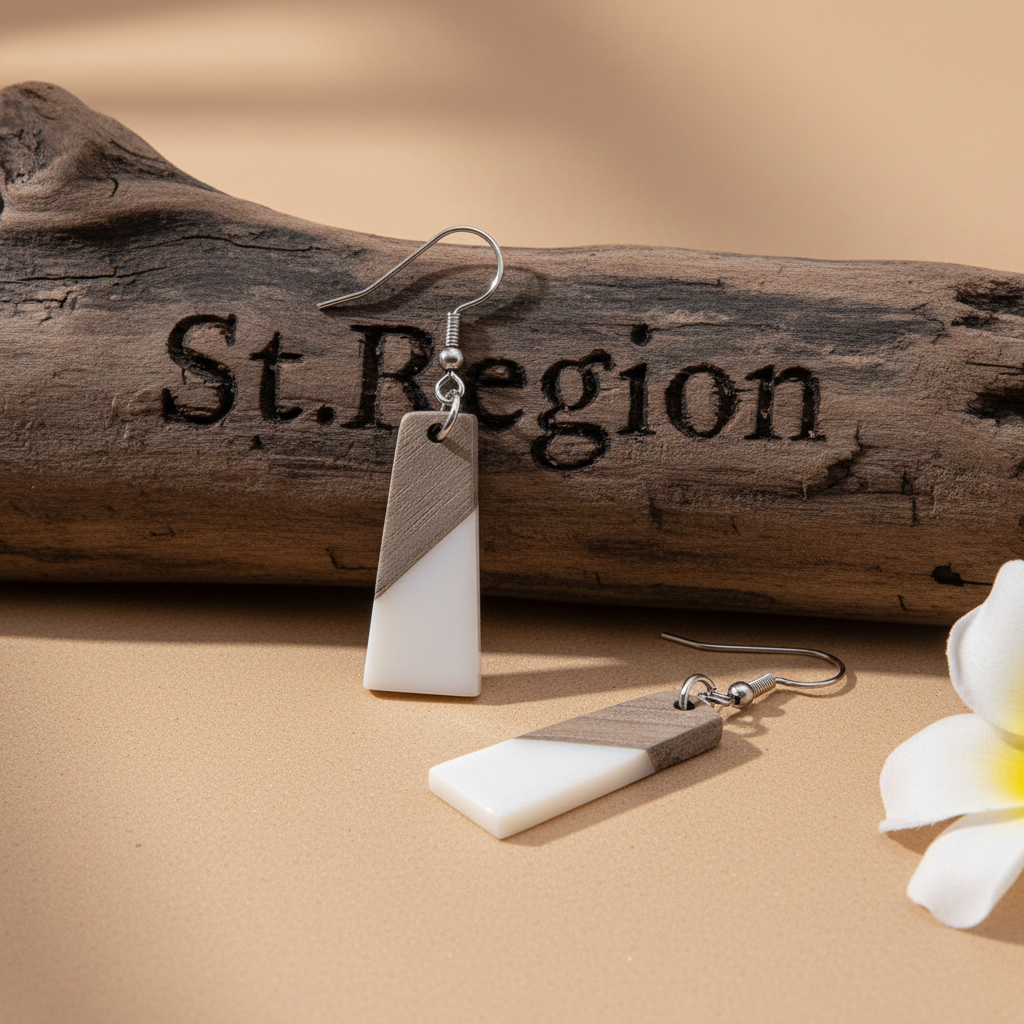 White Resin & Wood Silvertone Patchwork Trapezoid‌ Hook Earrings