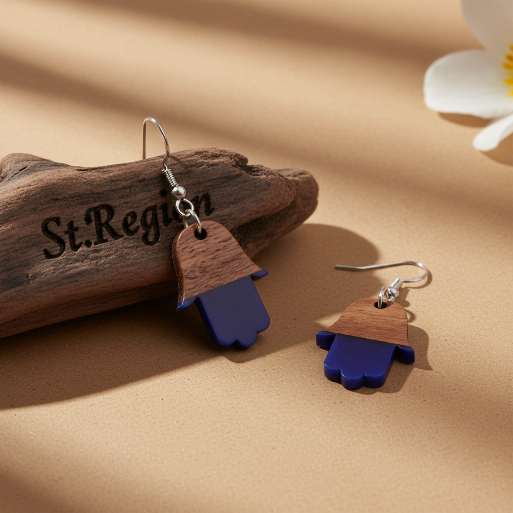 Blue Resin & Wood Silvertone Patchwork Hamsa Hook Earrings