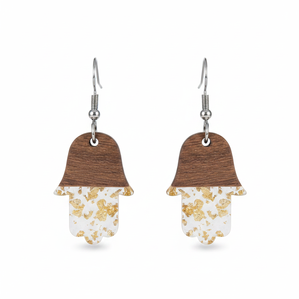 Clear Resin & Wood Silvertone Patchwork Hamsa Hook Earrings