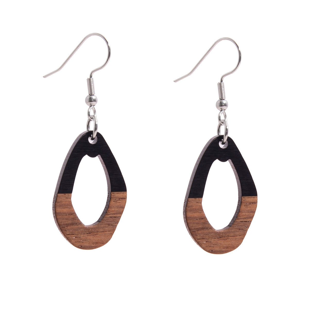 Black Resin & Wood Silvertone Open Irregular Oval Hook Earrings